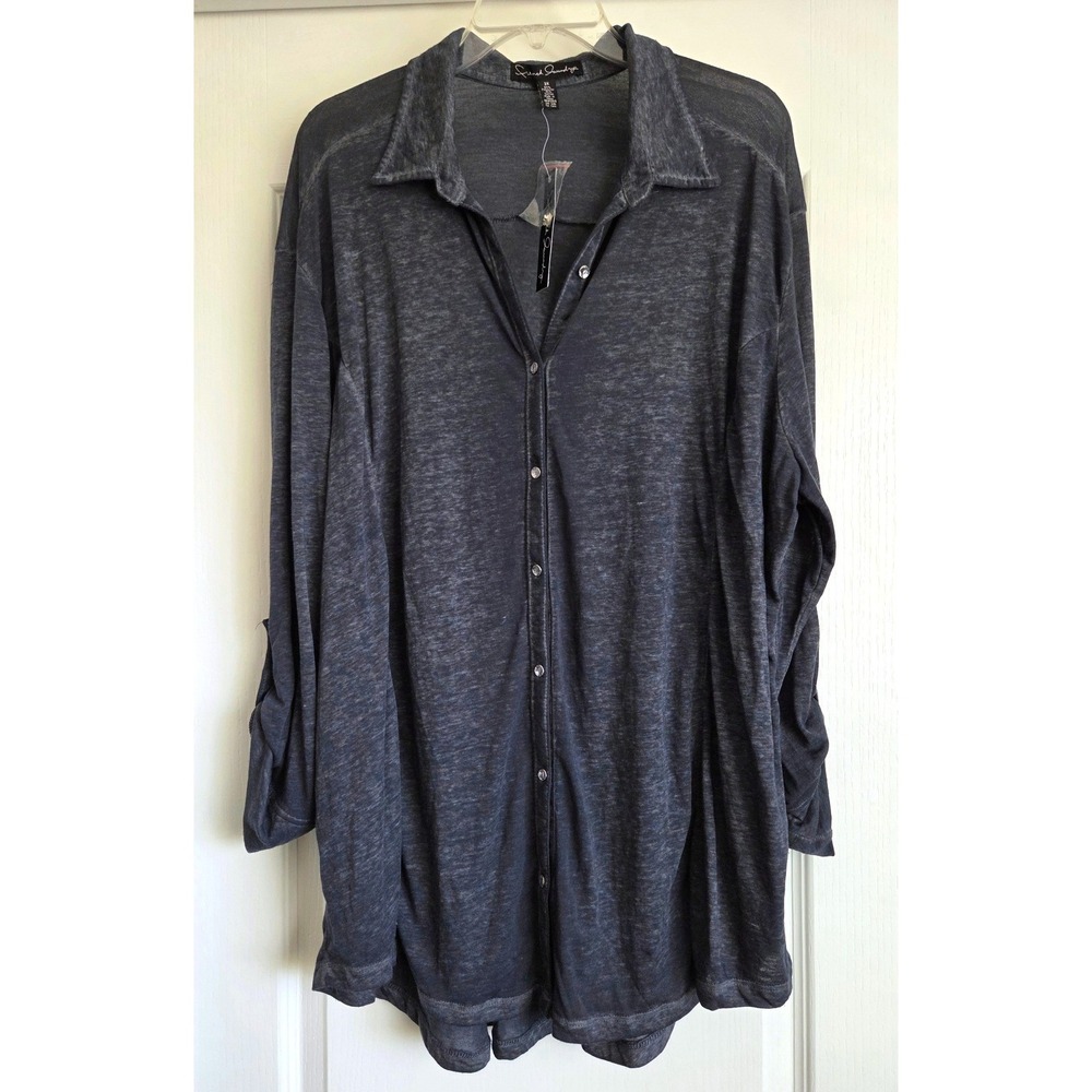 French Laundry Womens 3X Gray Burnout Roll Tab Sleeve Button Down Shirt NWT